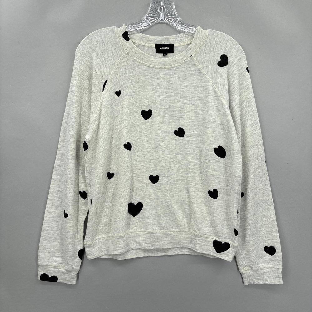 Monrow Sweater‎ Womens XS Gray Black Heart Print Pullover Crewneck USA Raglan